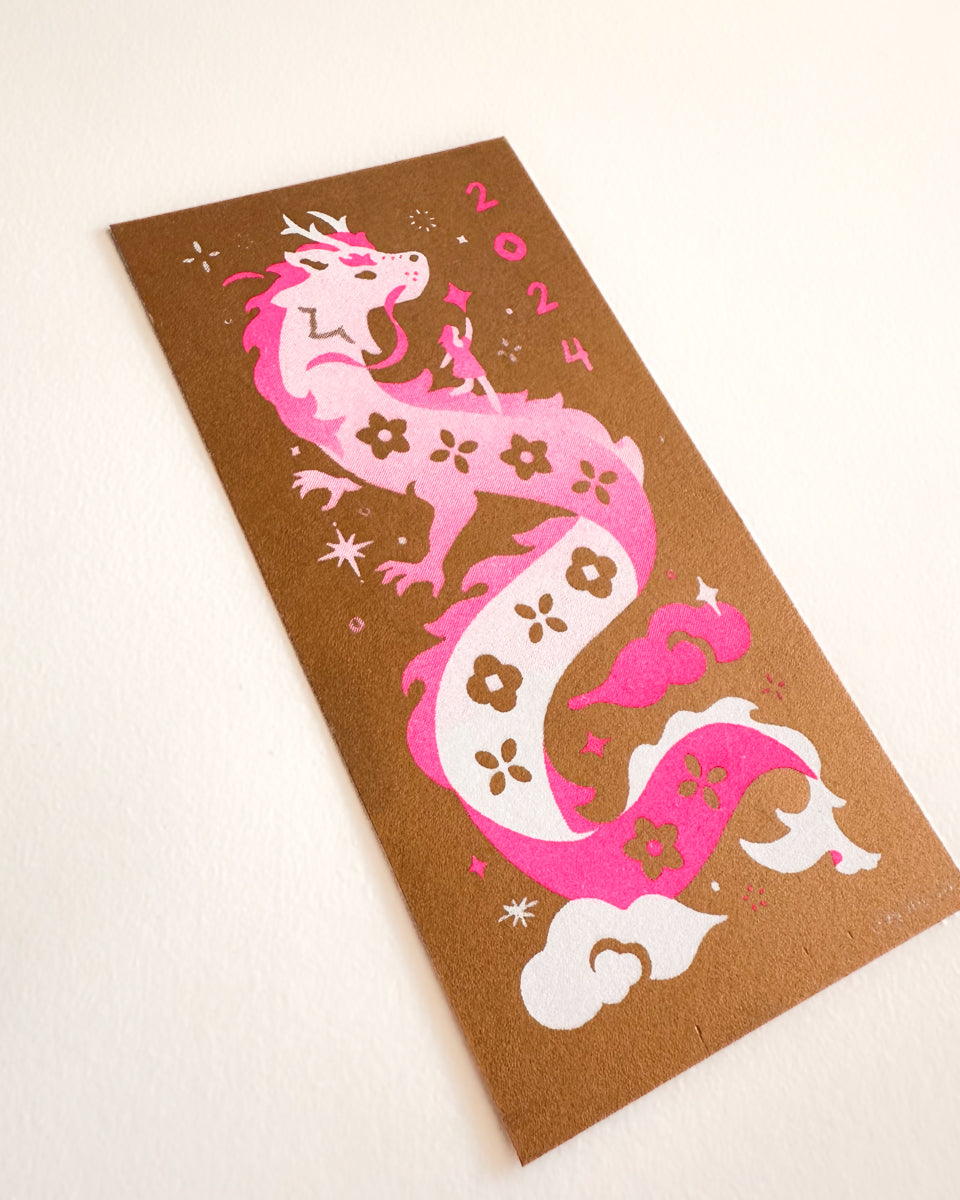 Dragon Risograph Print — Gold & Pink