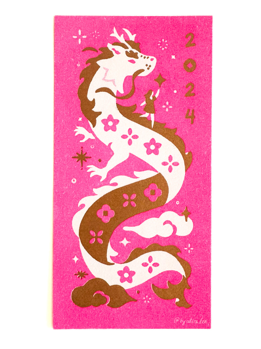 Dragon Risograph Print — Pink & Gold