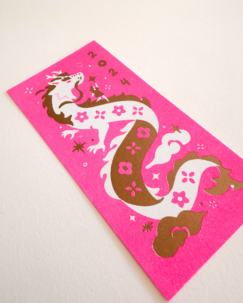 Dragon Risograph Print — Pink & Gold