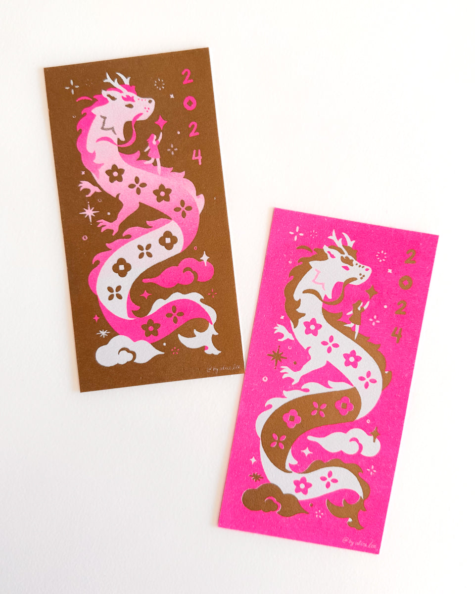 Dragon Risograph Print — Gold & Pink