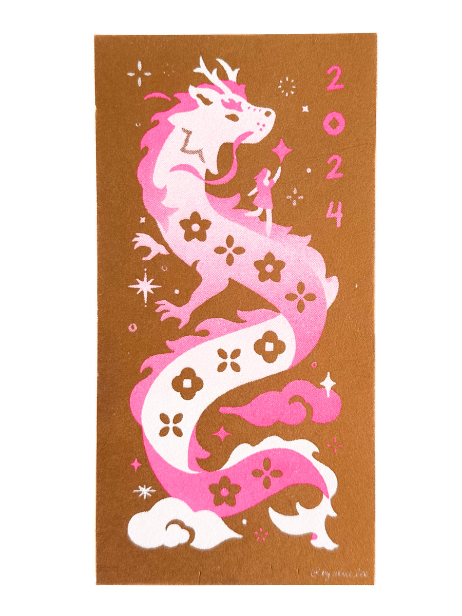 Dragon Risograph Print — Gold & Pink