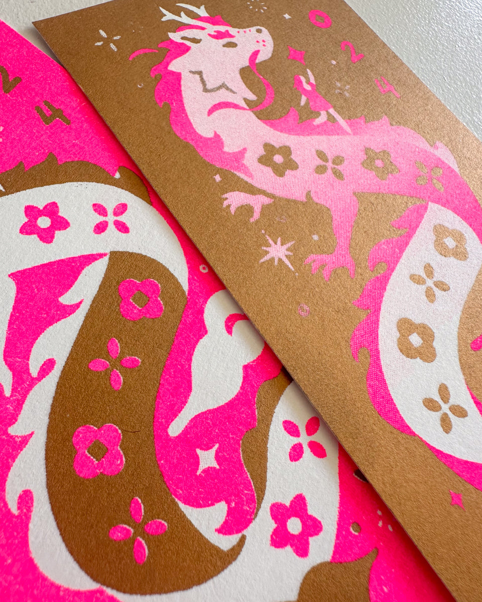 Dragon Risograph Print — Pink & Gold